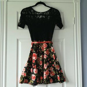 Black lace top and floral dress with belt